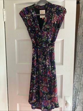 Anthropologie Black Floral Capped Sleeve Midi Button/Belted Dress